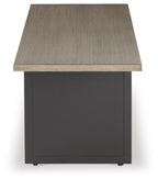 Rectangular end table with brown top and dark gray pedestal base with feet