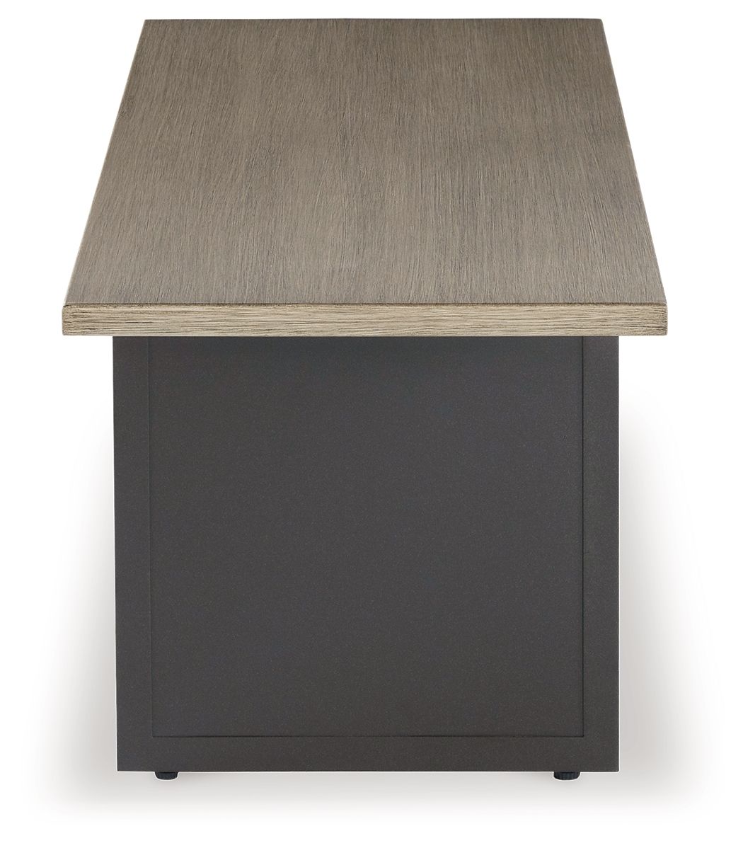 Rectangular end table with brown top and dark gray pedestal base with feet