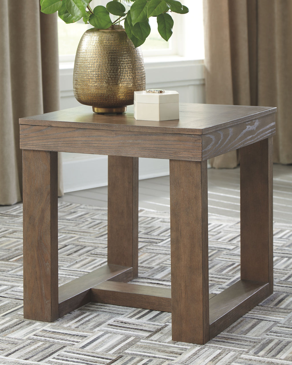 Cariton square end table with lower shelf, rustic wood finish and squared posts