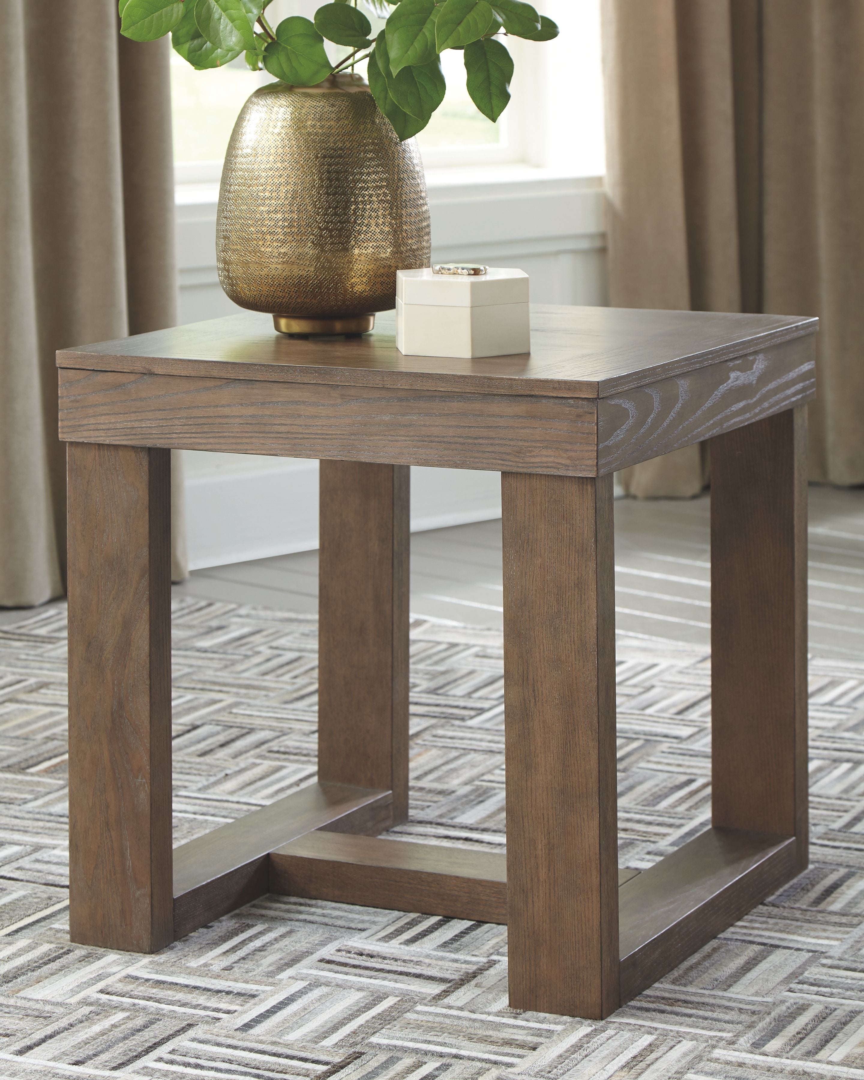 Cariton square end table with lower shelf, rustic wood finish and squared posts