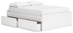 White platform bed with open-under storage panel on the side and low footboard