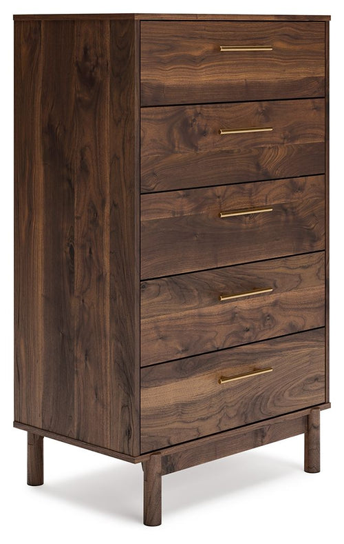 Mocha wood accent drawer chest with brass bar handles and six drawer fronts, angled view