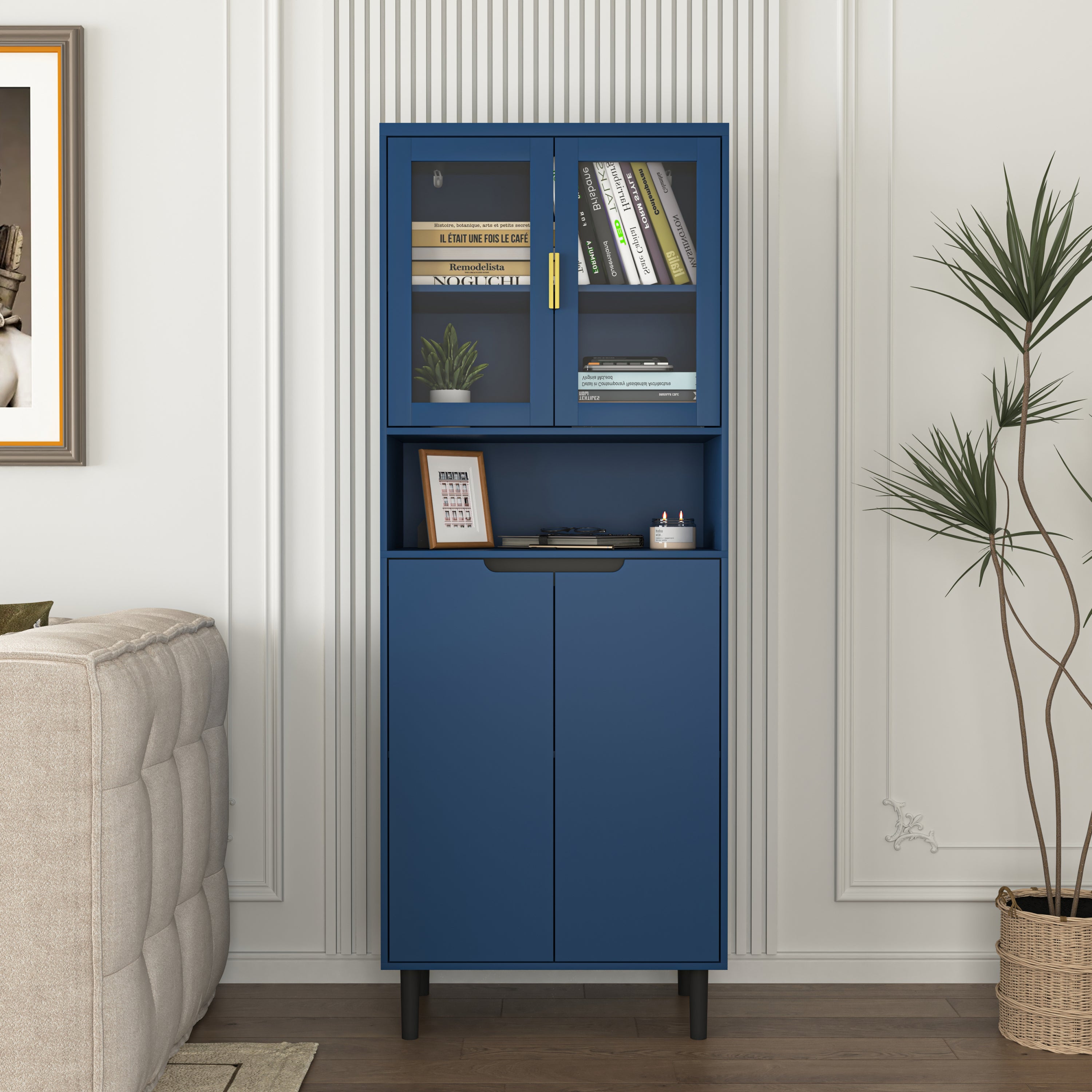 Navy Blue Tempered Glass Tall Bookcase Storage Cabinet