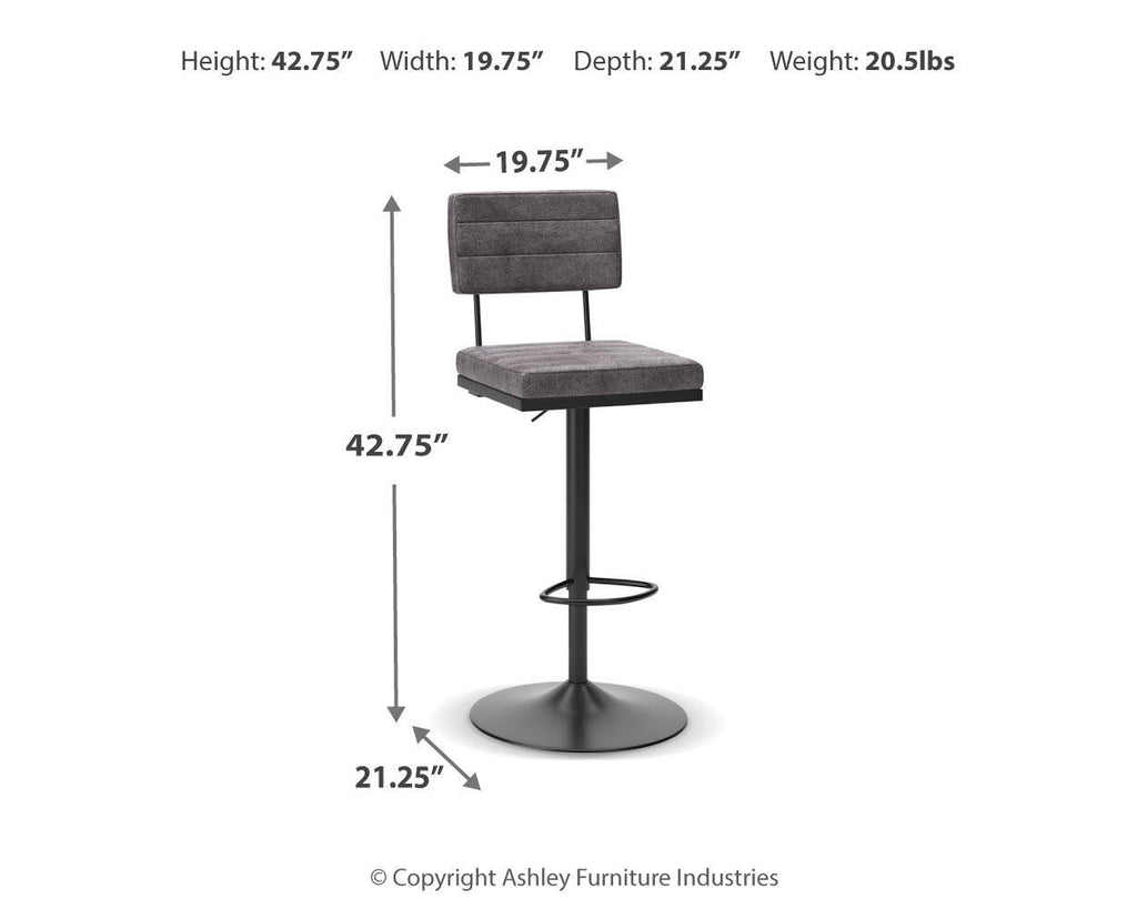 Tall swivel barstool with dark gray fabric seat, round base, and footrest ring.
