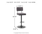Tall swivel barstool with dark gray fabric seat, round base, and footrest ring.