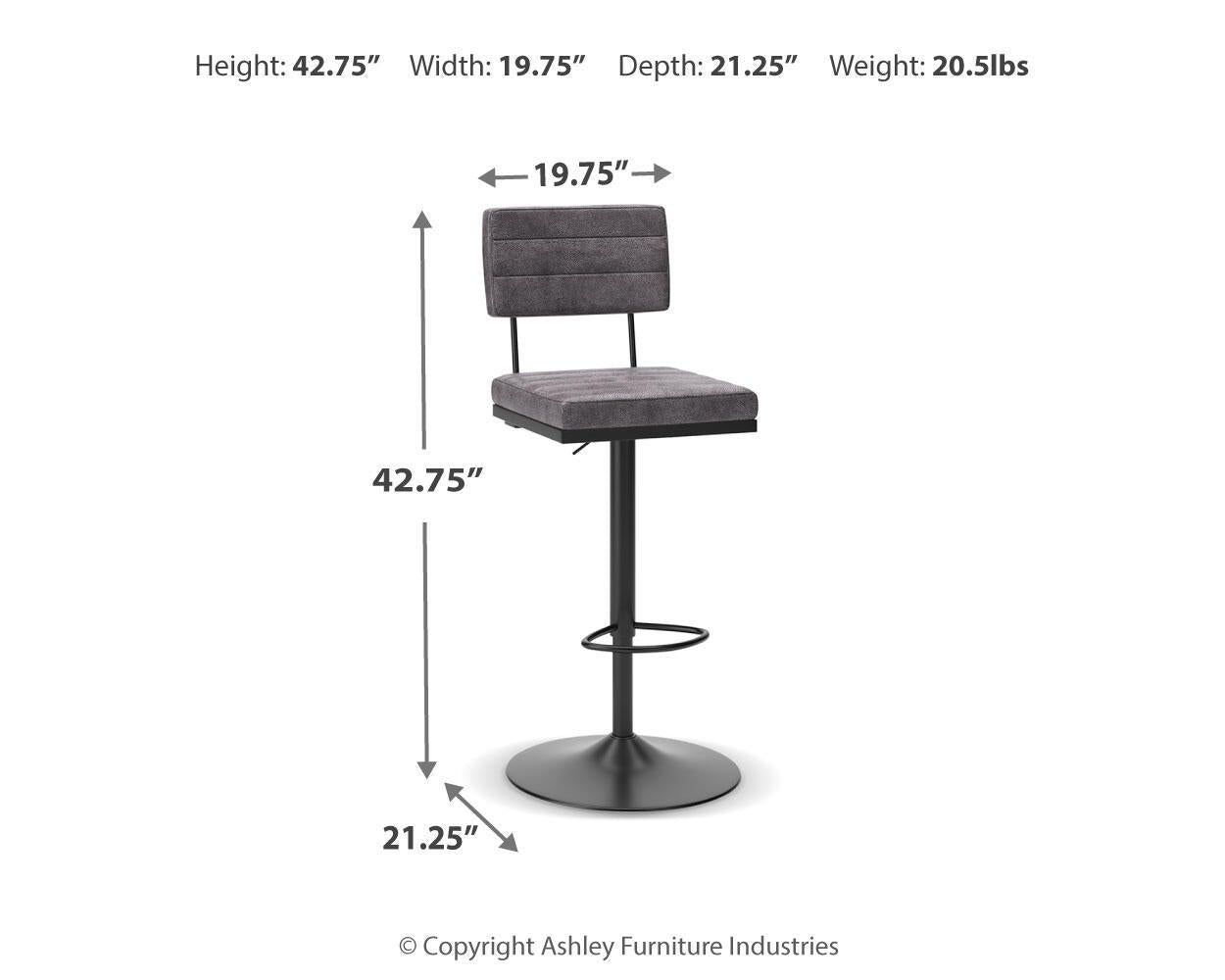 Tall swivel barstool with dark gray fabric seat, round base, and footrest ring.