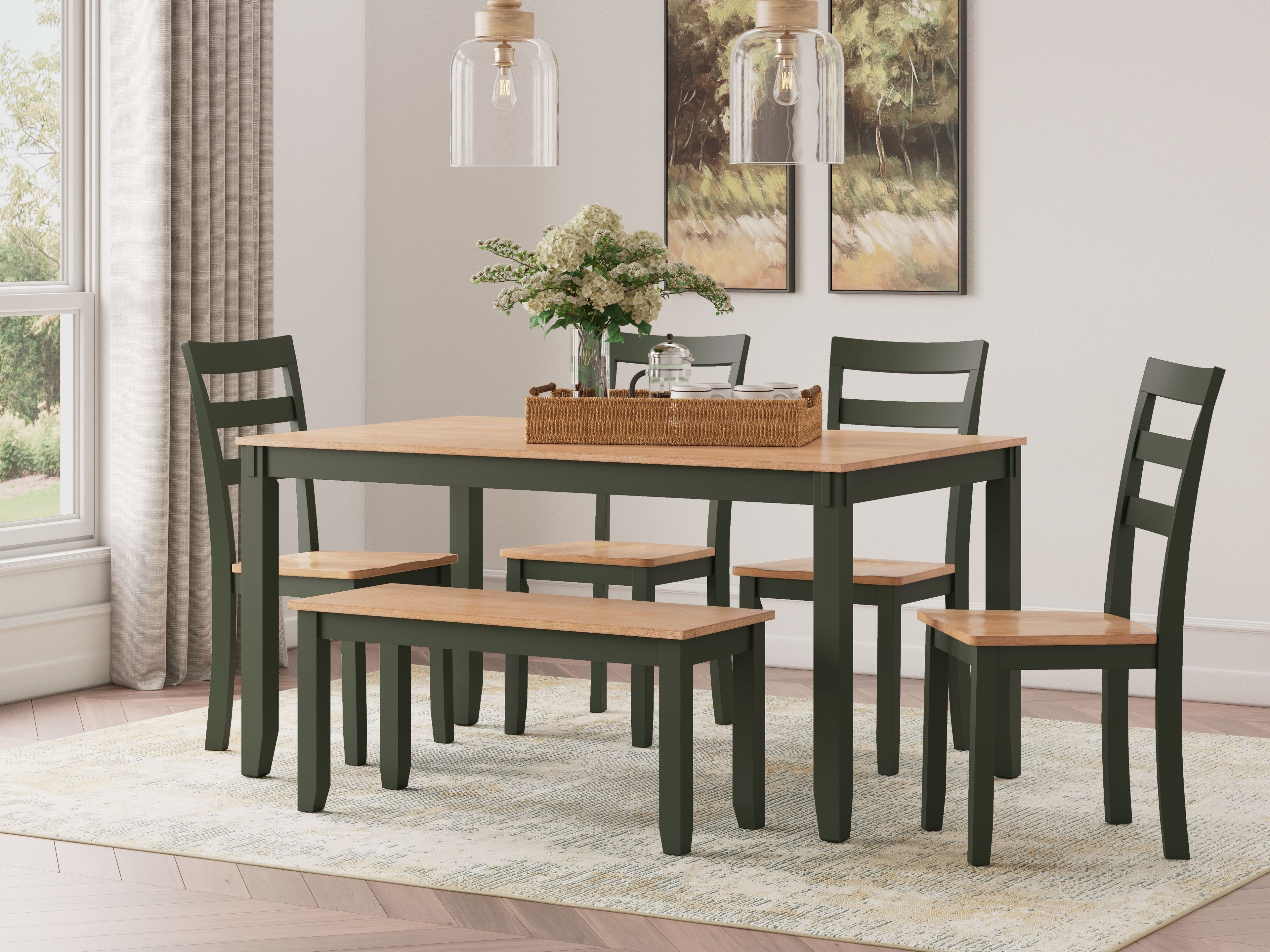 Dining table with dark green chairs and dark wood tabletop