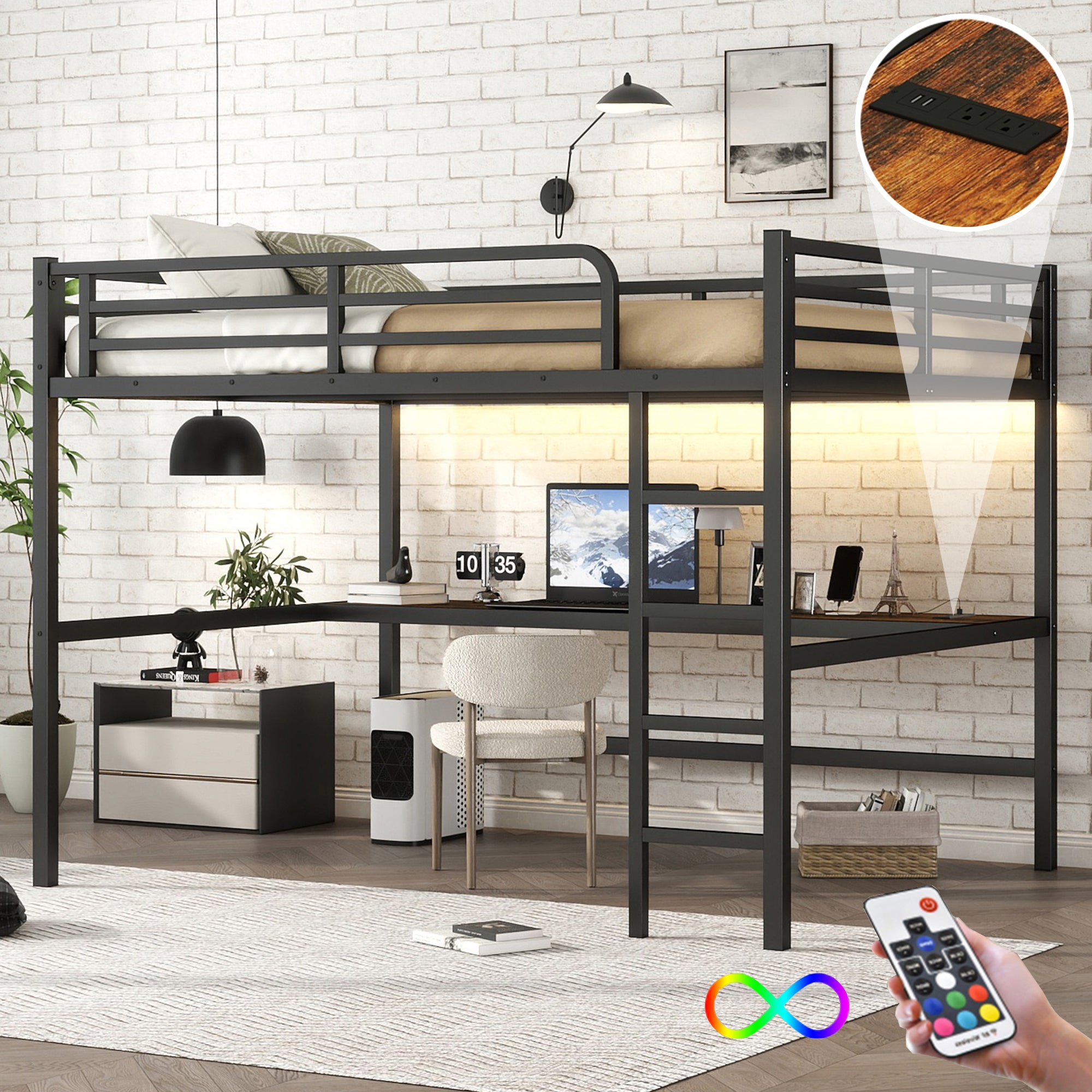 Black Metal Queen Loft Bed with Power Outlet, LED, Space-Saving