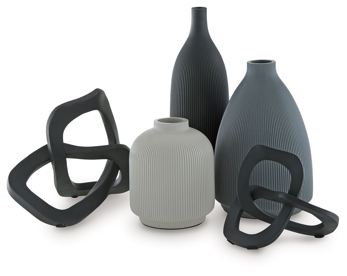 Ribbed ceramic vase set with black loop accents in dark, gray, and tan