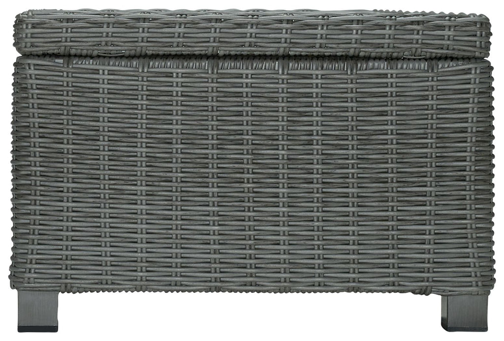 Gray rectangular cocktail table with woven frame and solid panel sides