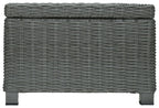 Gray rectangular cocktail table with woven frame and solid panel sides