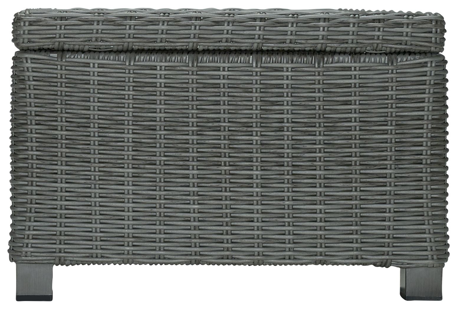 Gray rectangular cocktail table with woven frame and solid panel sides
