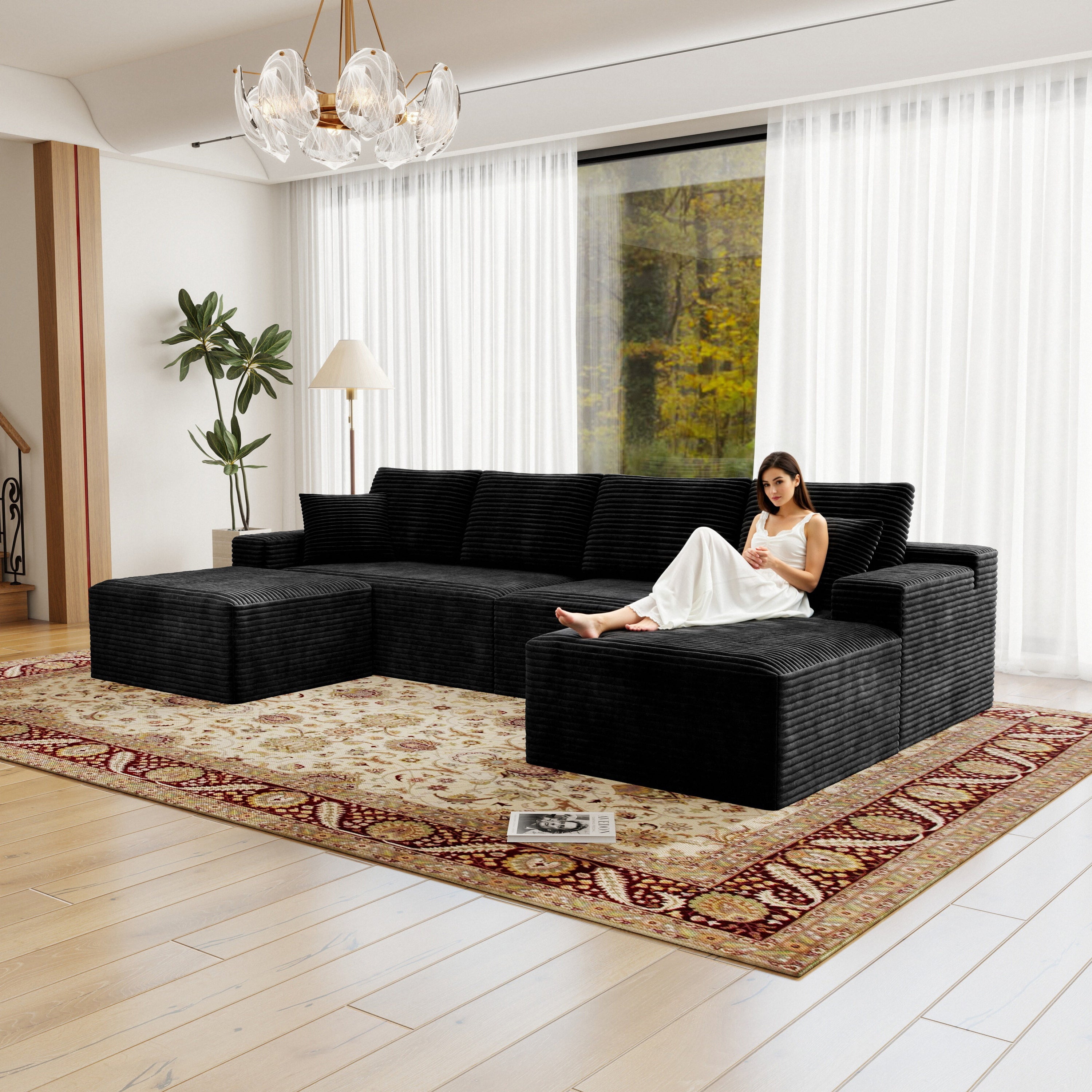 Black Corduroy Modular Sectional Sofa - 4PC, No Assembly