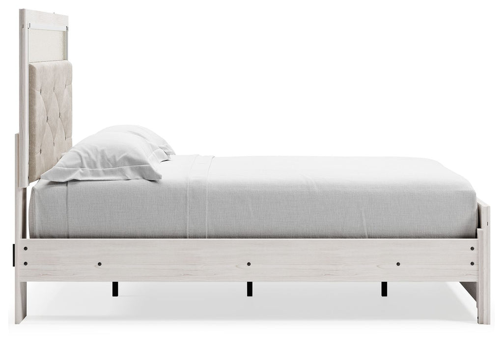 White panel bed with light gray mattress and open footboard base; no storage drawers shown.