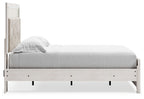 White panel bed with light gray mattress and open footboard base; no storage drawers shown.