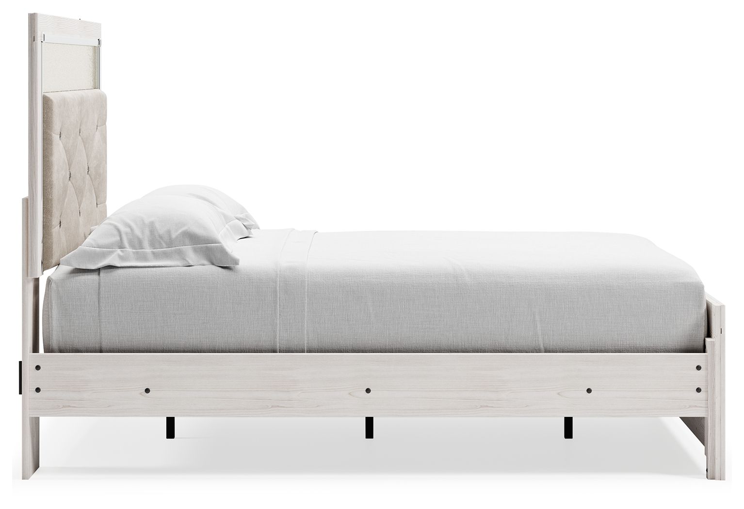 White panel bed with light gray mattress and open footboard base; no storage drawers shown.
