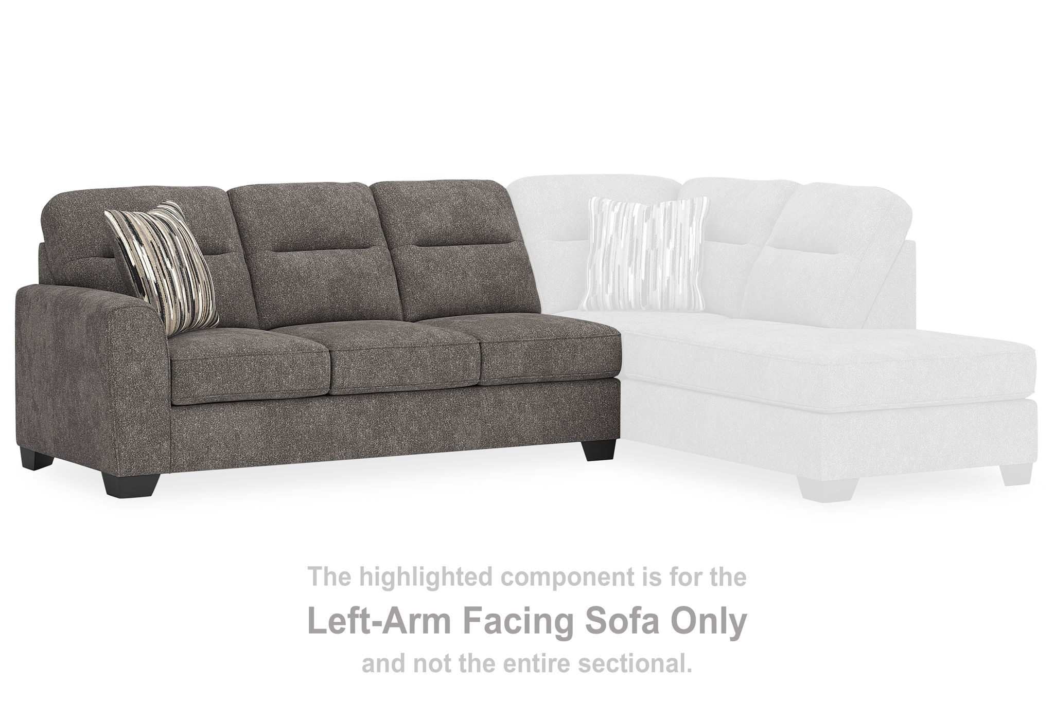 Graphite gray left-arm facing sofa section with chaise and accent pillow