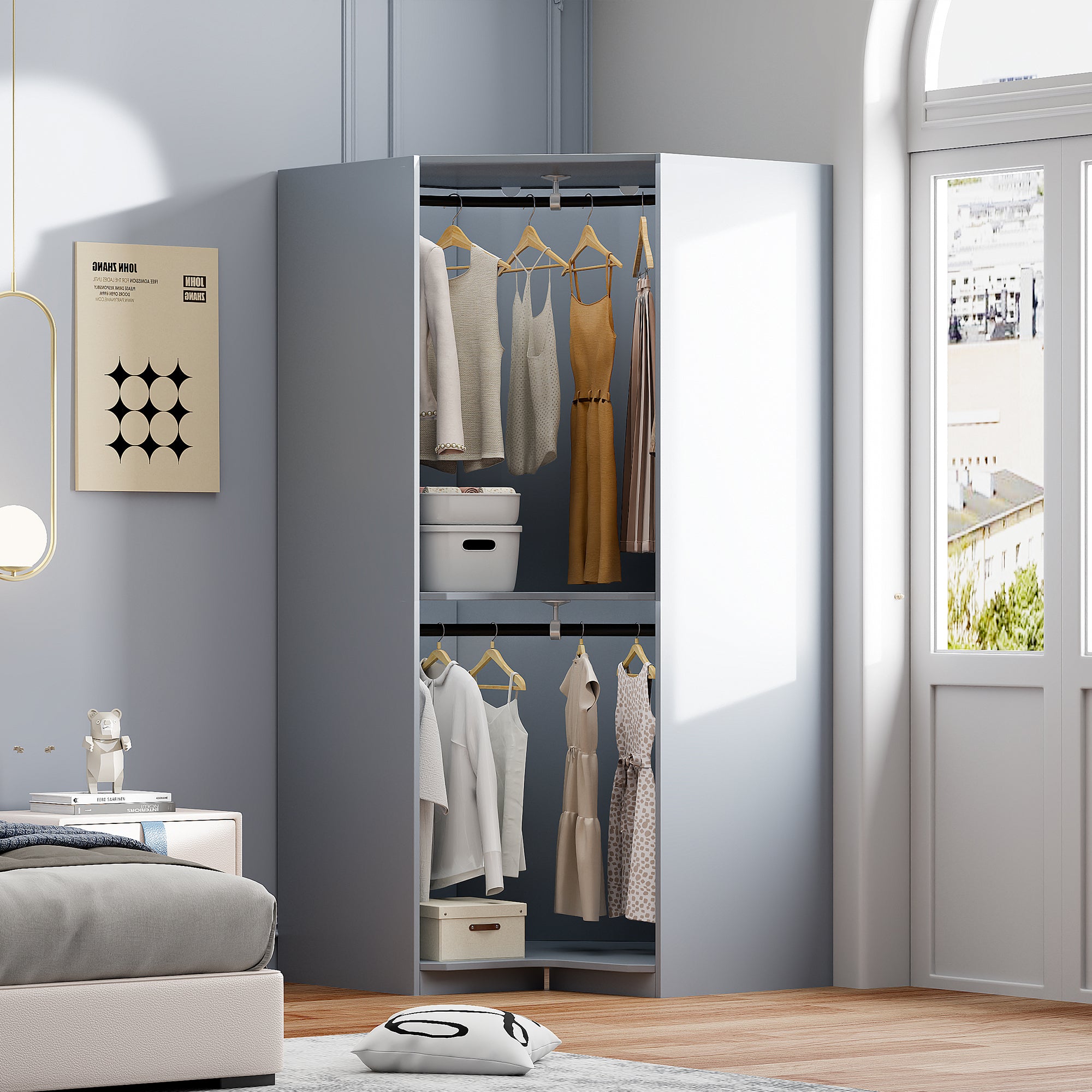 Polygon Corner Wardrobe - Gray (Save Space)