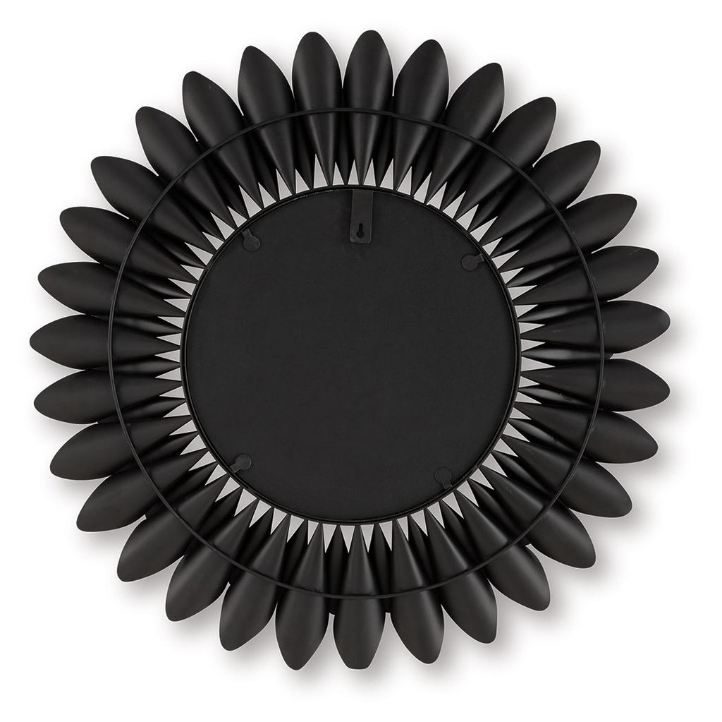 Round accent mirror back with dark metal petal rim and hanging loop