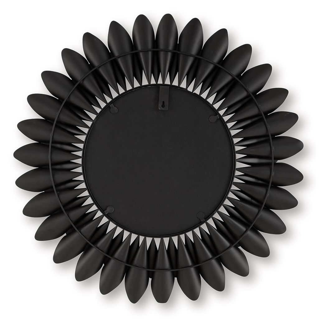 Round accent mirror back with dark metal petal rim and hanging loop
