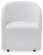 Ivory upholstered dining arm chair front view, rounded back and armrests