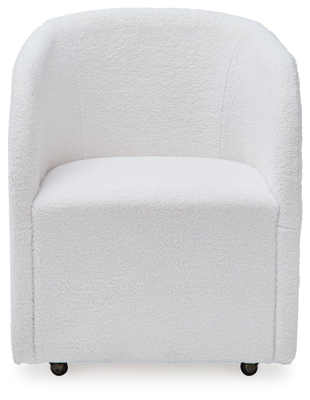 Ivory upholstered dining arm chair front view, rounded back and armrests