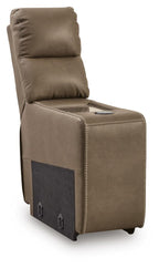 Taupe upholstered console chair with padded armrest and dark front audio panel