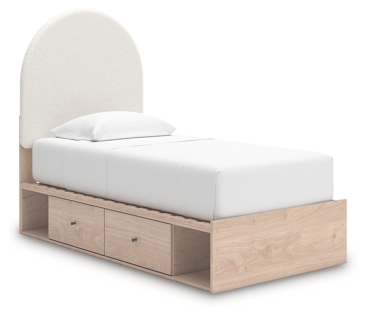 Upholstered panel bed with beige arched headboard, white mattress platform, clean front frame