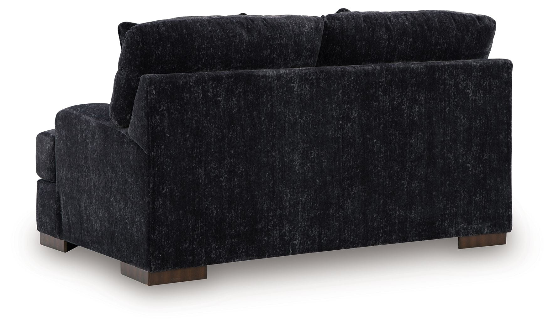 Dark charcoal loveseat with plush back cushions and track-style arms