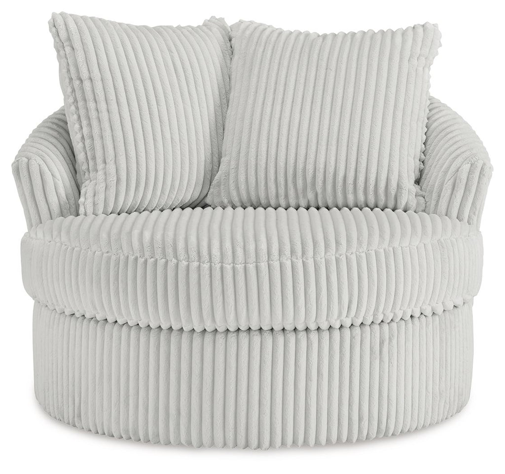 Swivel chair with ribbed light fabric and two back cushions, front view