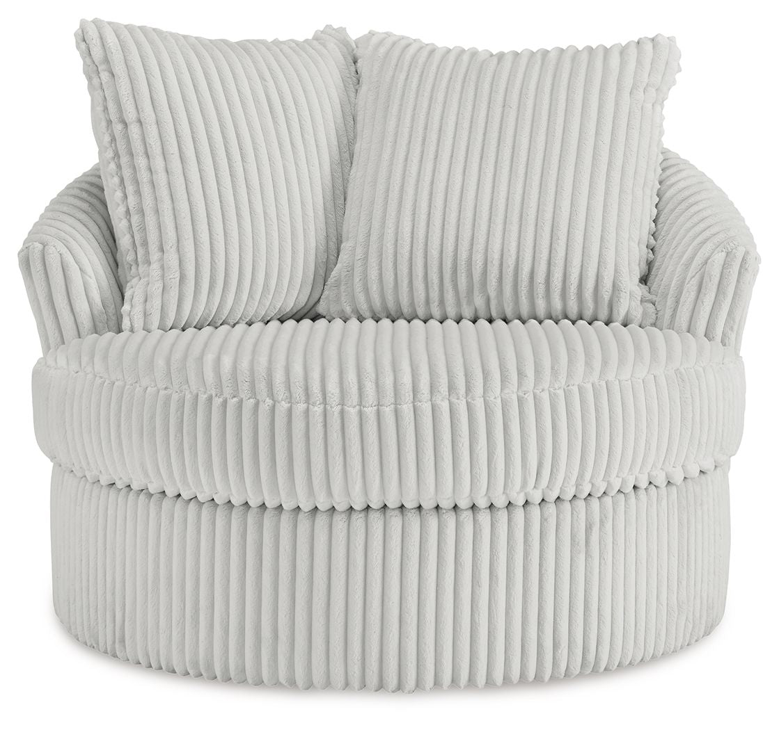 Swivel chair with ribbed light fabric and two back cushions, front view