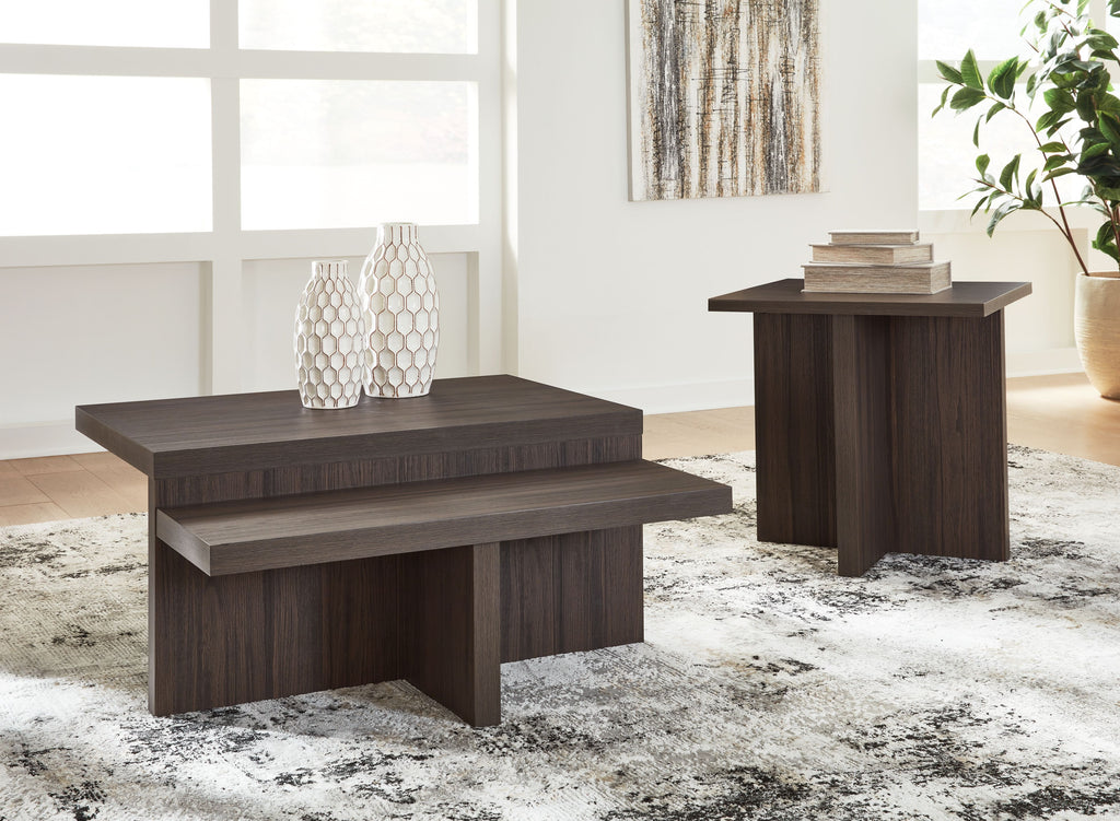 Set of 2 brown occasional tables with rectangular tops and flat block legs