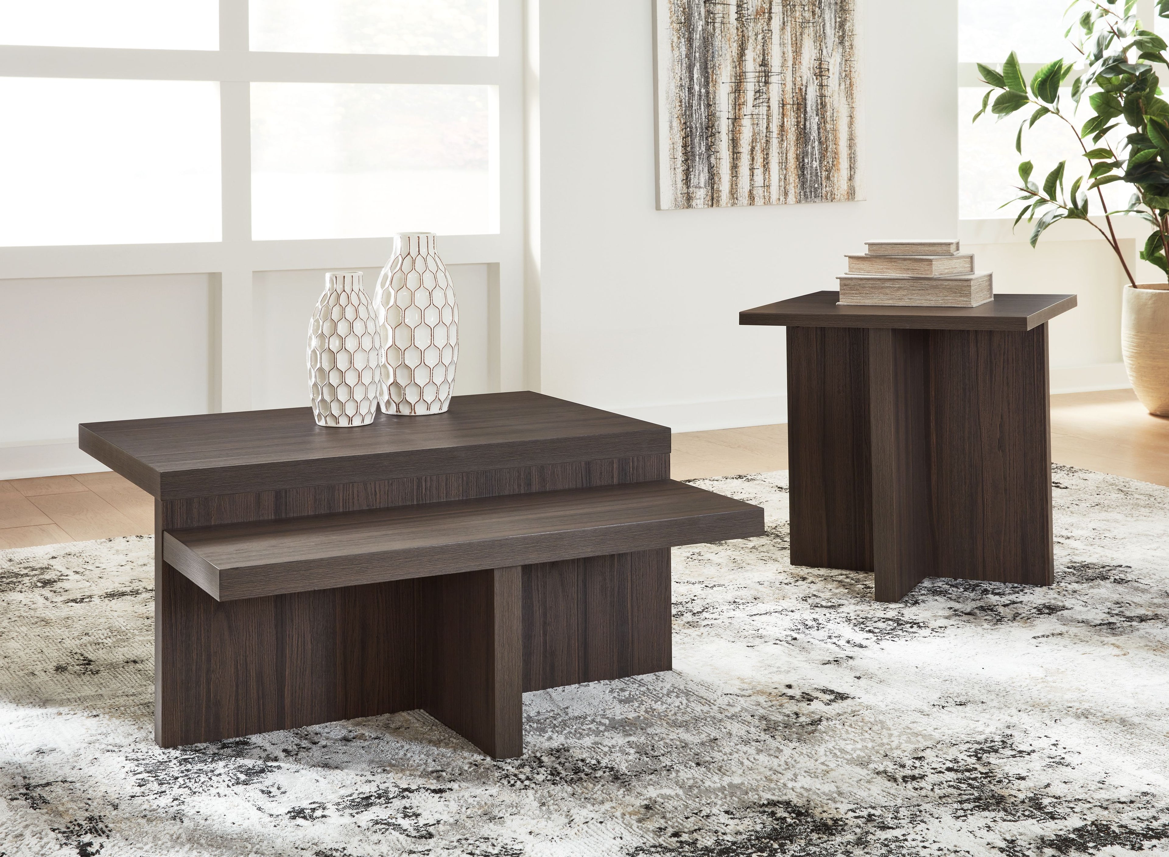 Set of 2 brown occasional tables with rectangular tops and flat block legs