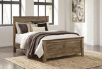 Dark brown panel bed with square panel headboard, styled with neutral bedding