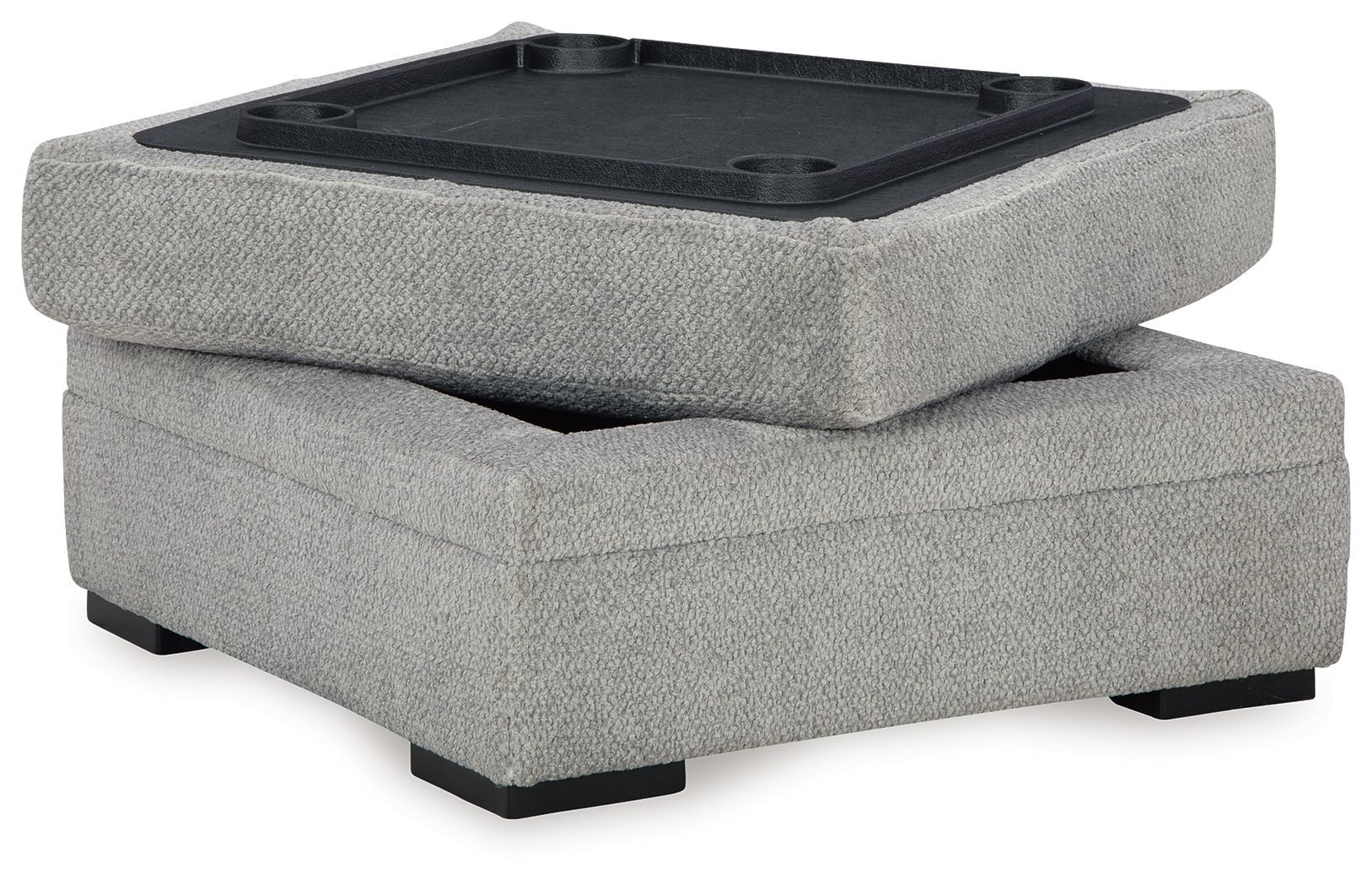 Cement gray storage ottoman with open lid and dark interior tray