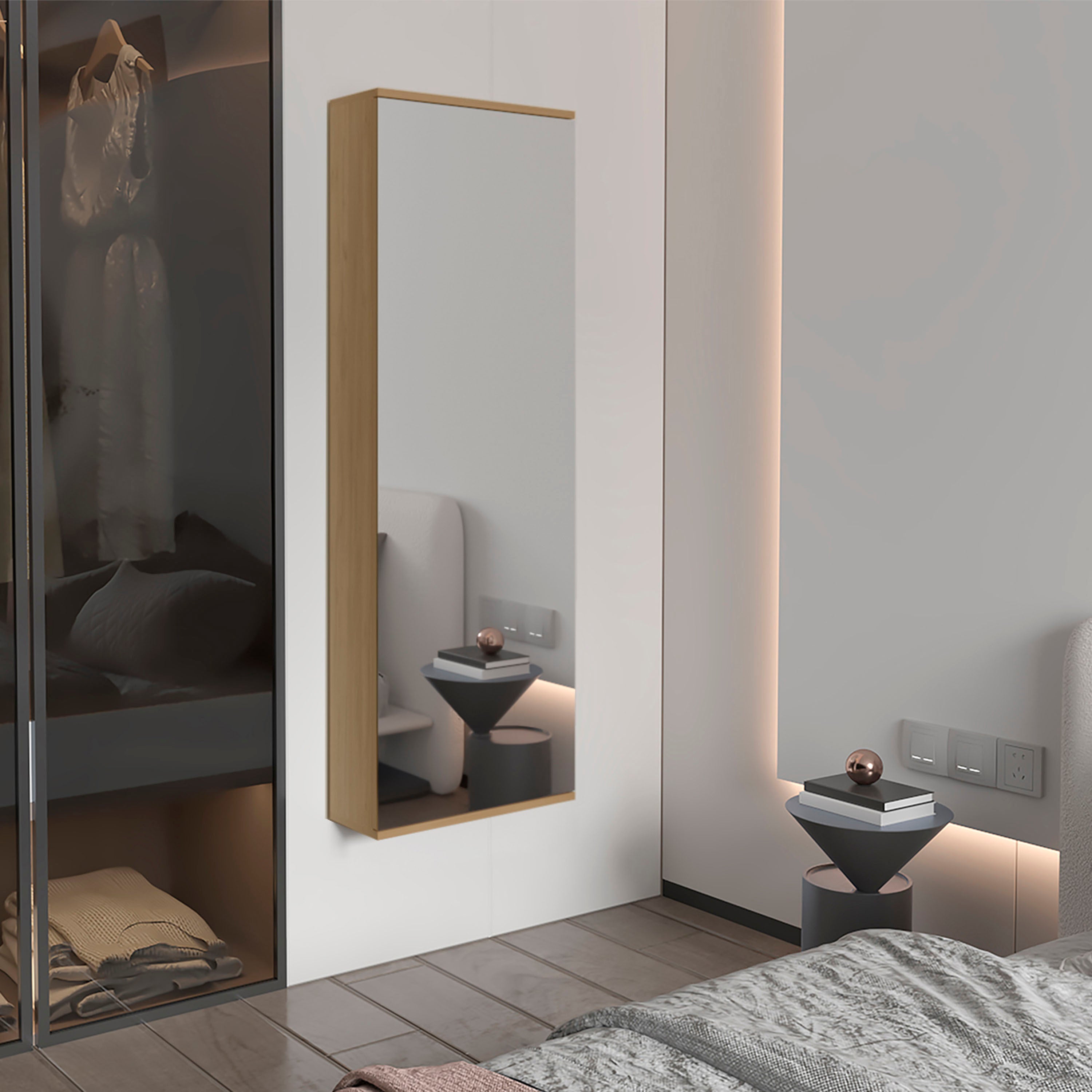 Leto Wall Mounted Shoe Rack with Mirror, 10 Pair, Natural Oak