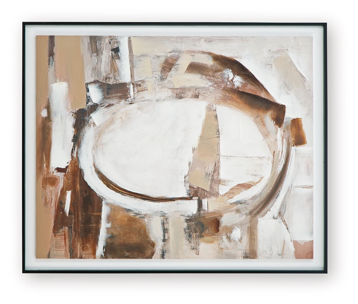 Framed abstract wall art close view with layered brown and white oval strokes