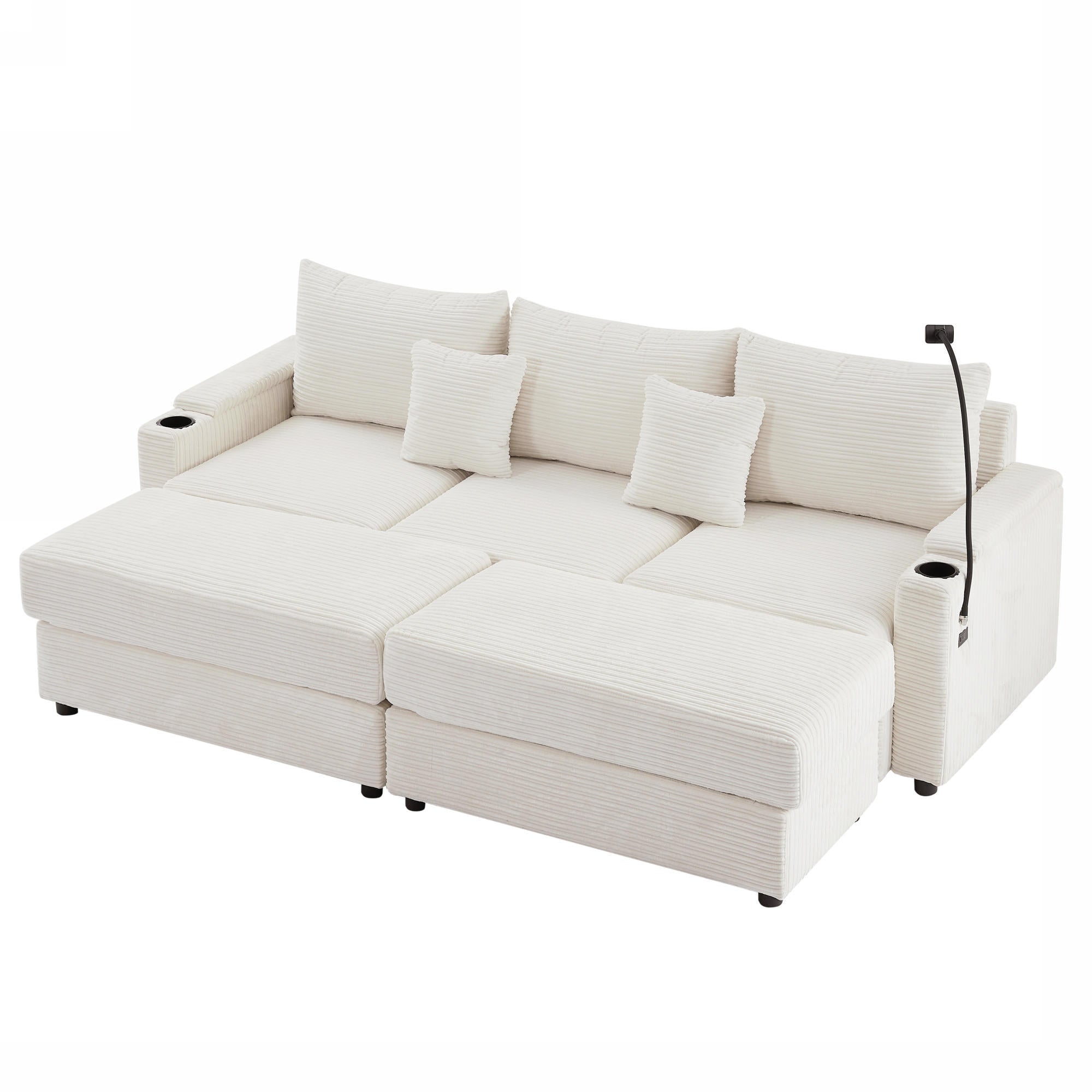 Modern Beige Sectional Sofa w/ Storage, Ottomans, USB Ports