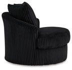 Swivel chair in dark ribbed upholstery with curved armrests and two back cushions