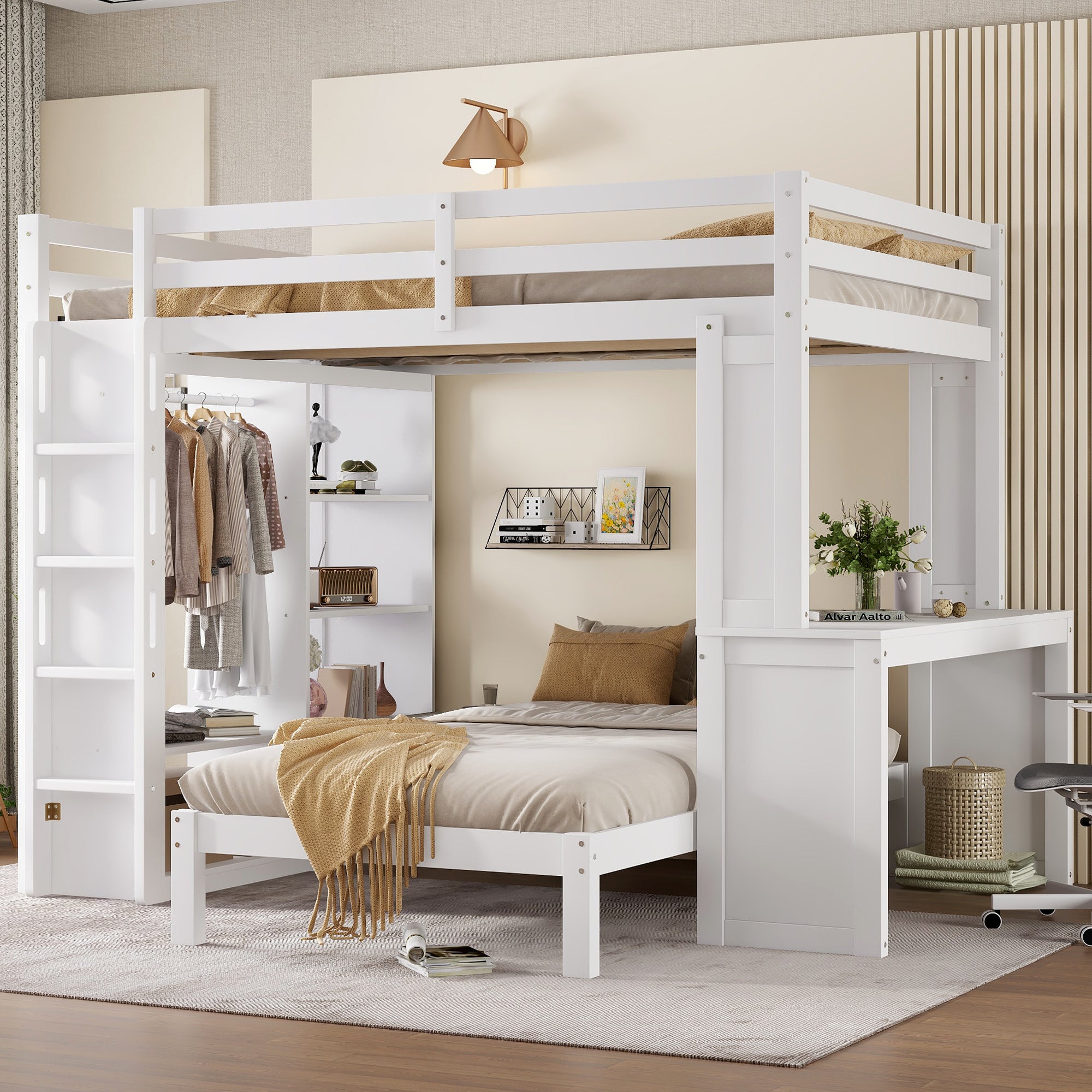 White Queen over Twin Bunk Bed, Desk, Solid Wood, Convertible Loft.