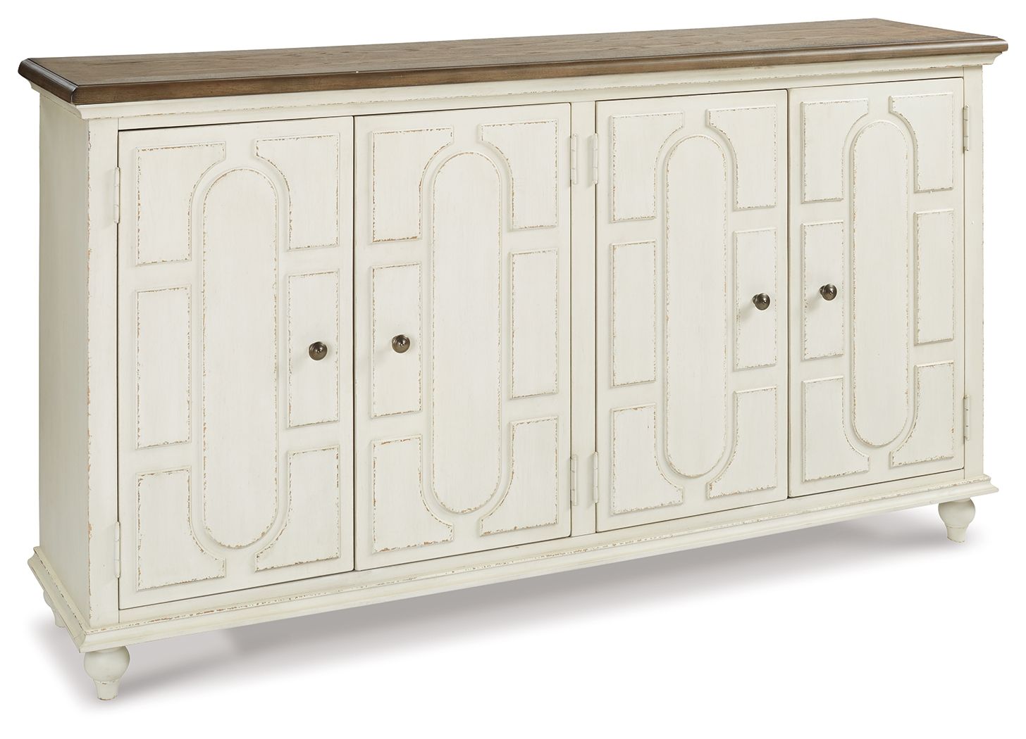 Antique white accent cabinet with carved door panels and round knobs