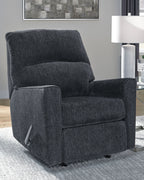 Altari slate rocker recliner with thick seat cushion, padded arms and dark fabric upholstery