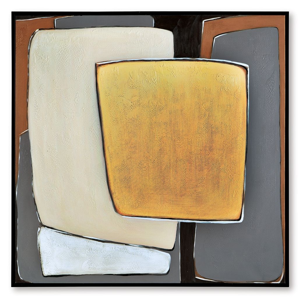 Abstract wall art: overlapping cream, mustard, gray and brown rectangles in black frame