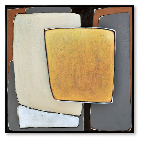 Abstract wall art: overlapping cream, mustard, gray and brown rectangles in black frame