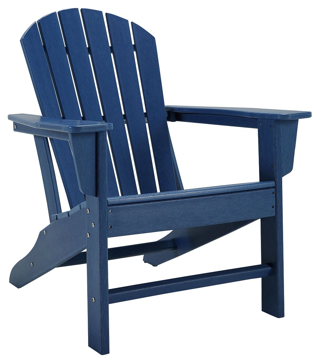 Outdoor adirondack chair, blue slat back with wide front footrest
