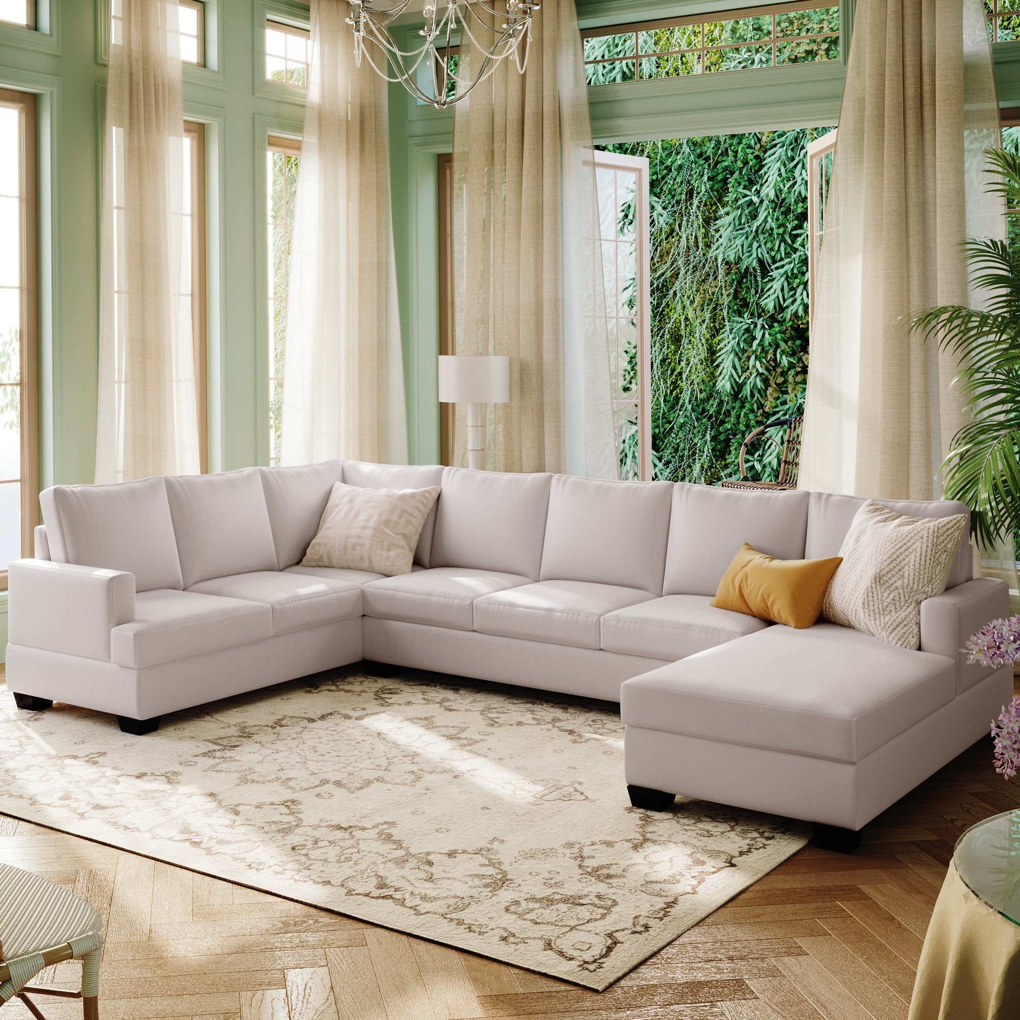Modern Large Upholstered U-Shape Sectional: Extra Wide Chaise, Beige