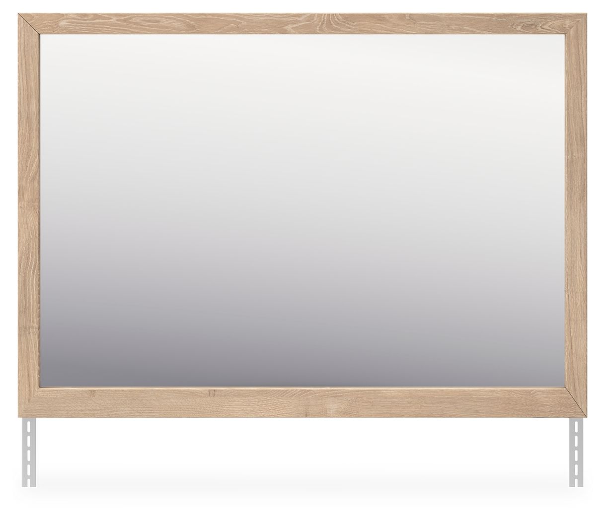 Tan wood bedroom mirror with wide beveled rectangular frame and reflective glass