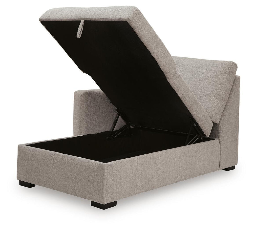 Flint gray upholstered left-arm chaise with storage compartment open, black feet, tufted seat