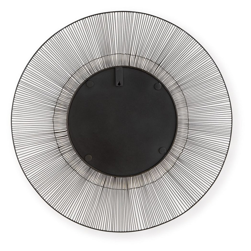 Round accent mirror back with black mounting plate and black/gold ribbed rim