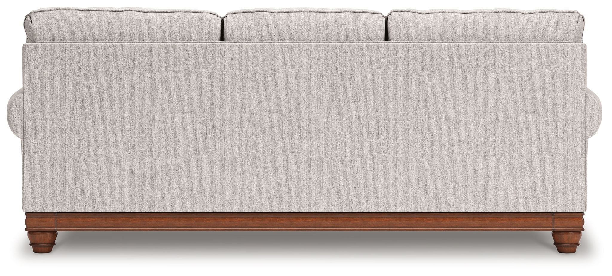 Light gray sofa back view with tufted arms and wooden legs